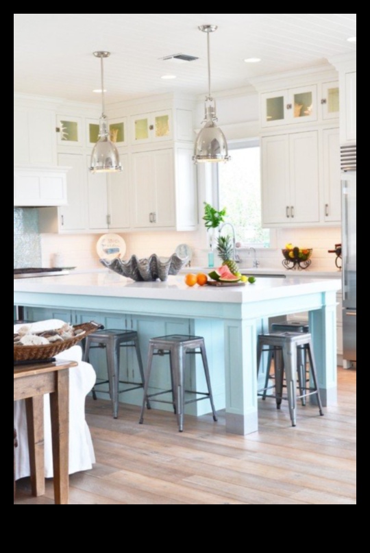 איך להשיג מטבח בהשראת חוף עם הדגשים כחולים באמצעות רעיונות תפאורה?