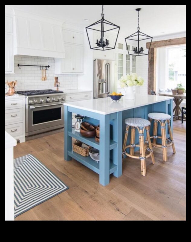 איך להשיג מטבח בהשראת חוף עם הדגשים כחולים באמצעות רעיונות תפאורה?