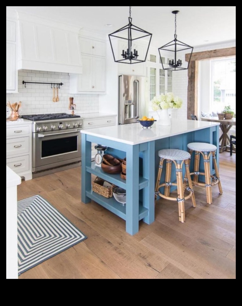 איך להשיג מטבח בהשראת חוף עם הדגשים כחולים באמצעות רעיונות תפאורה?